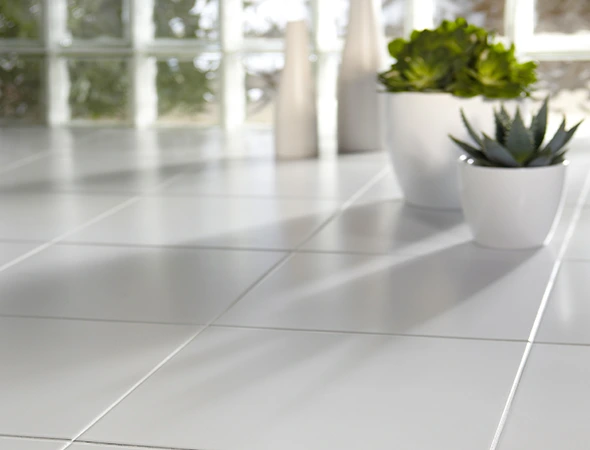 Close-up of professionally installed light gray floor tiles with clean grout lines and decorative potted plants.